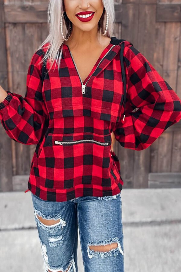 Red Buffalo Plaid Zipped Front Pocketed Hoodie