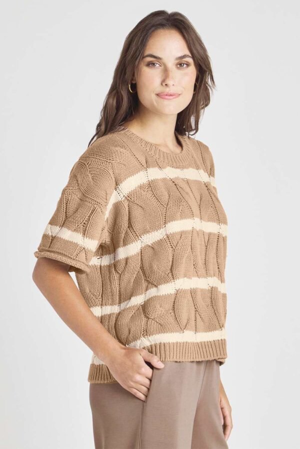 Dark Khaki Striped Cable Short Sleeve Sweater