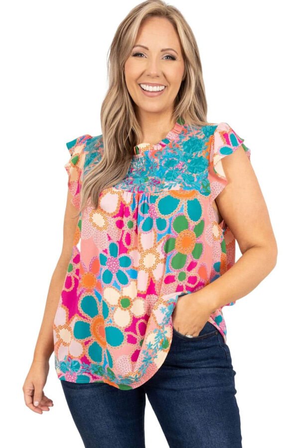 Multicolor Plus Size Floral Embroidered Flutter Sleeve Tank Top