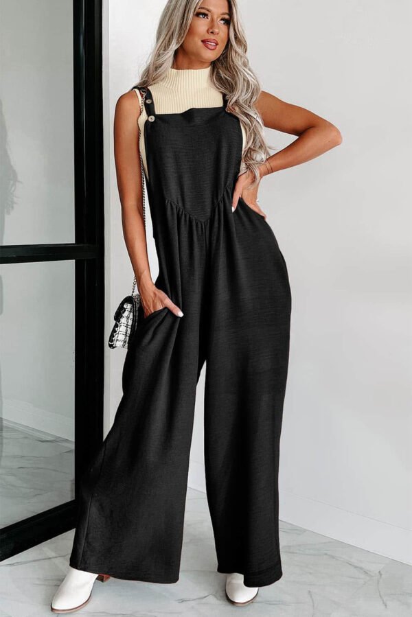 Black Textured Buttoned Straps Ruched Wide Leg Jumpsuit