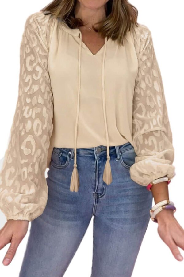 Leopard Mesh Bubble Sleeve Split Neck Blouse