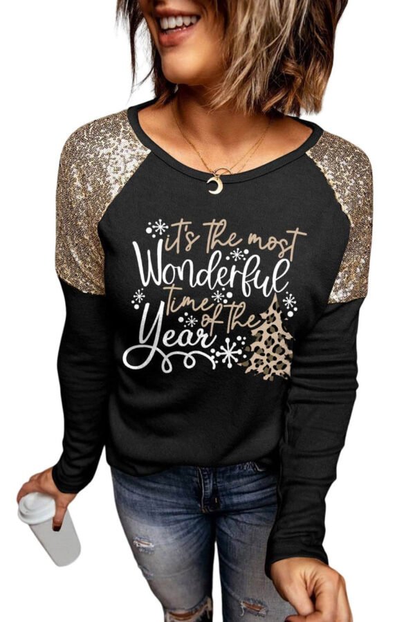 Black Wonderful Christmas Season Graphic Sequin Shoulder Top