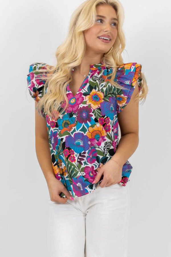 Multicolor Ruffled Flutter Sleeve Floral Print Blouse