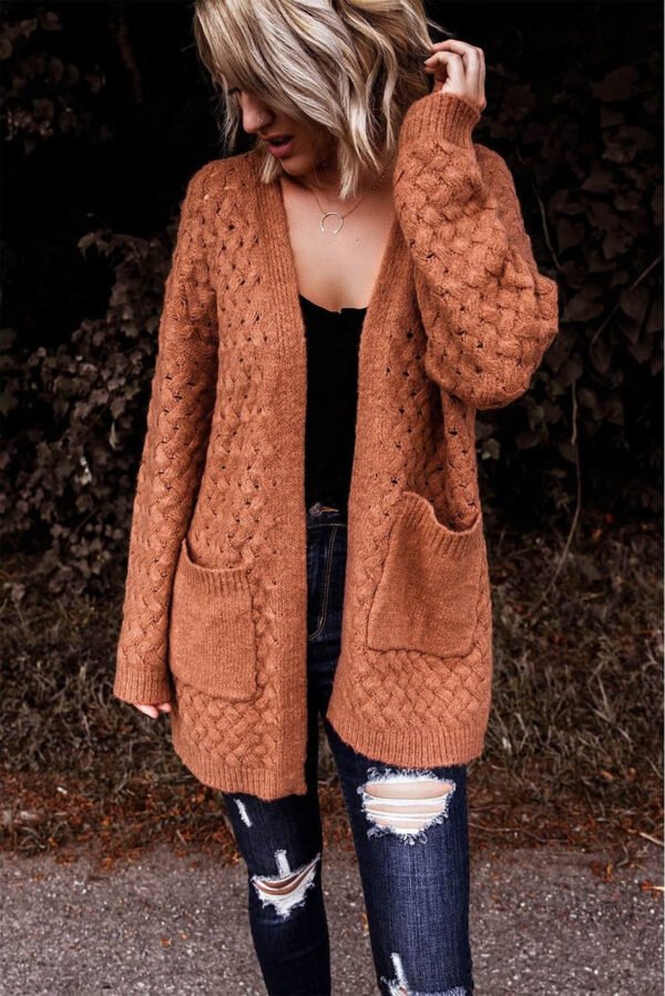Brown Open Front Woven Texture Knitted Cardigan with Pockets