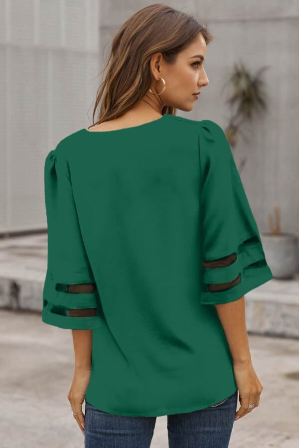 Green Flare Sleeve V Neck Loose Blouse