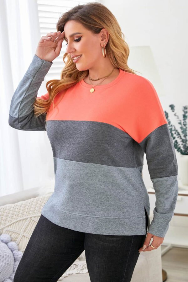 Gray Crew Neck Colorblock Plus Size Sweashirt