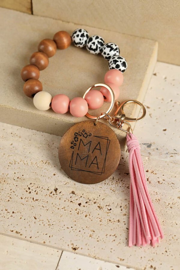 Pink MAMA Wood Pendant Leopard Fringe Keychain