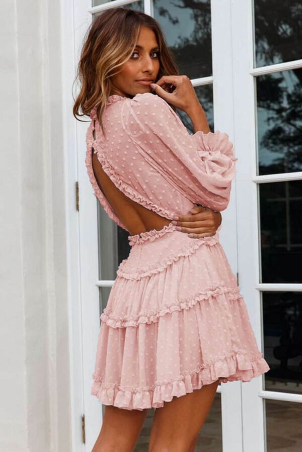 Pink Layered Ruffled Open Back Puff Sleeve Swiss Dot Mini Dress