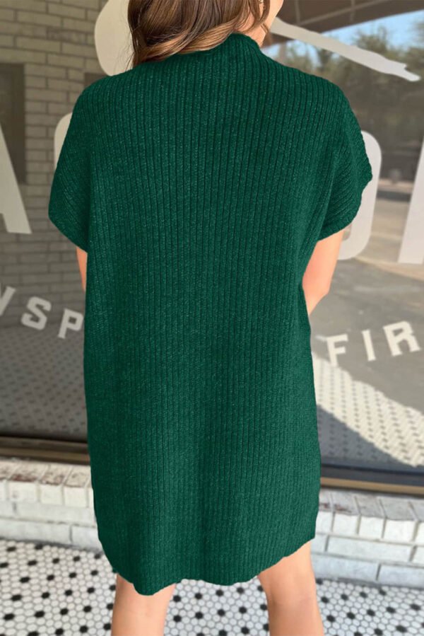 Blackish Green Patch Pocket Ribbed Knit Short Sleeve Sweater Dress