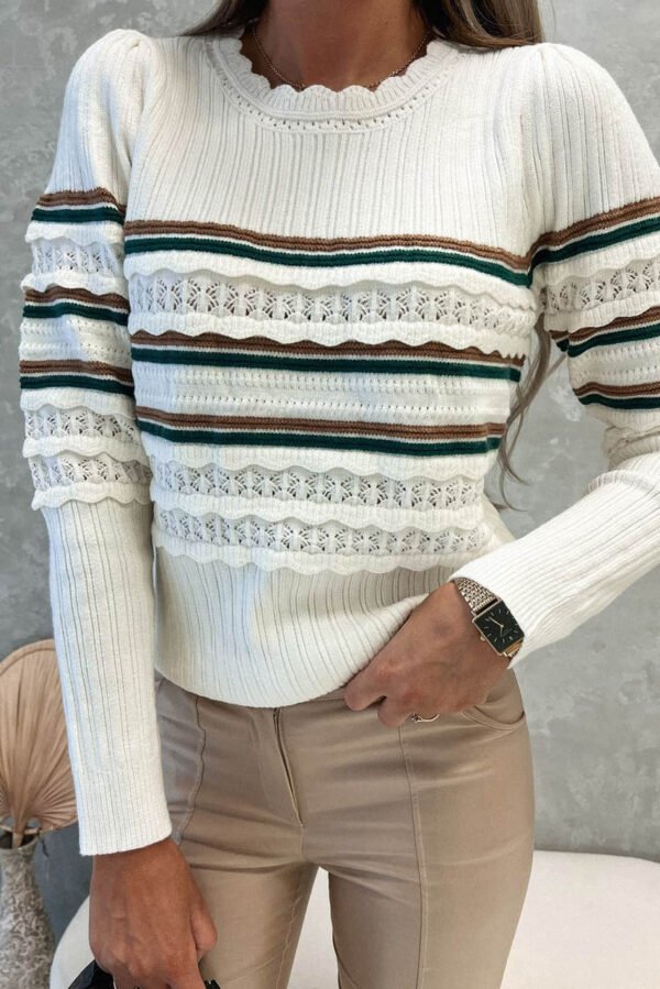 White Striped Ribbed Scalloped Detail Knit Sweater