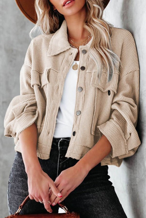 Khaki Waffle Knit Buttons Cropped Jacket with Pockets