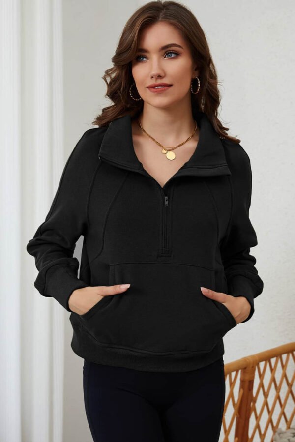 Black Zip Up Stand Collar Ribbed Thumbhole Sleeve Sweatshirt