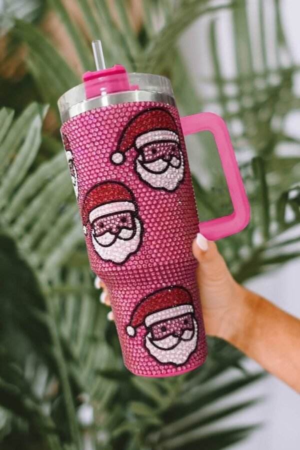 Rose Red Christmas Santa Claus Diamond Thermos Cup with Straw