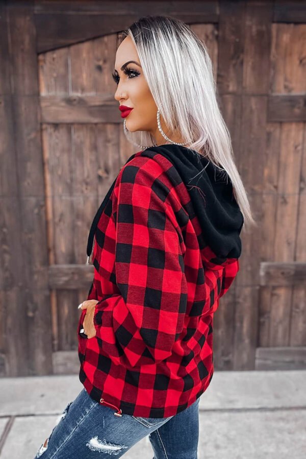 Red Buffalo Plaid Zipped Front Pocketed Hoodie