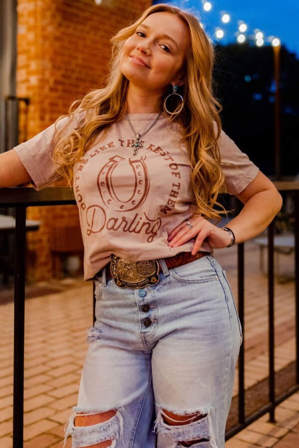 Khaki Darling Letter Graphic Print Short Sleeve T Shirt