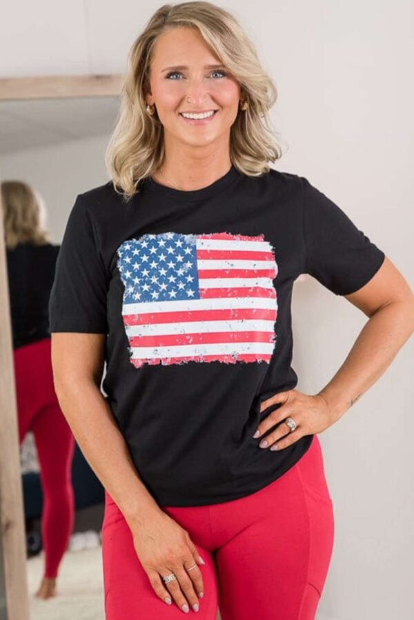 Black Frayed American Flag Printed Crewneck T Shirt