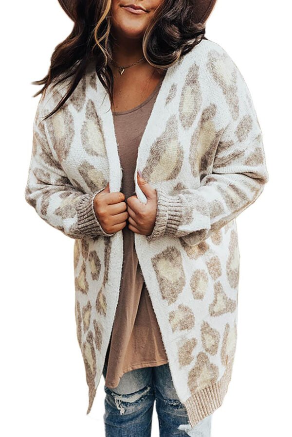 Beige Plus Size Leopard Pattern Cardigan