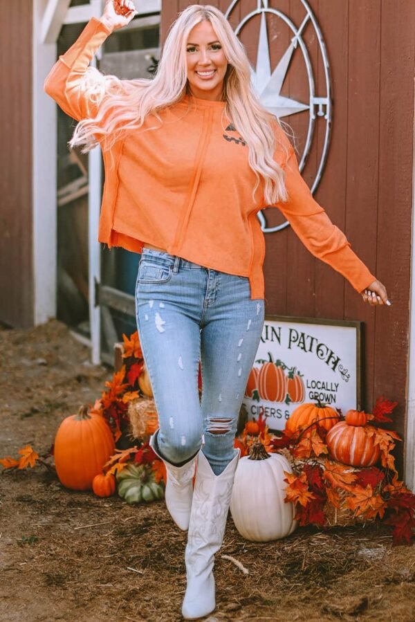 Orange Halloween Pumpkin Face Exposed Seam Patchwork Sweatshirt