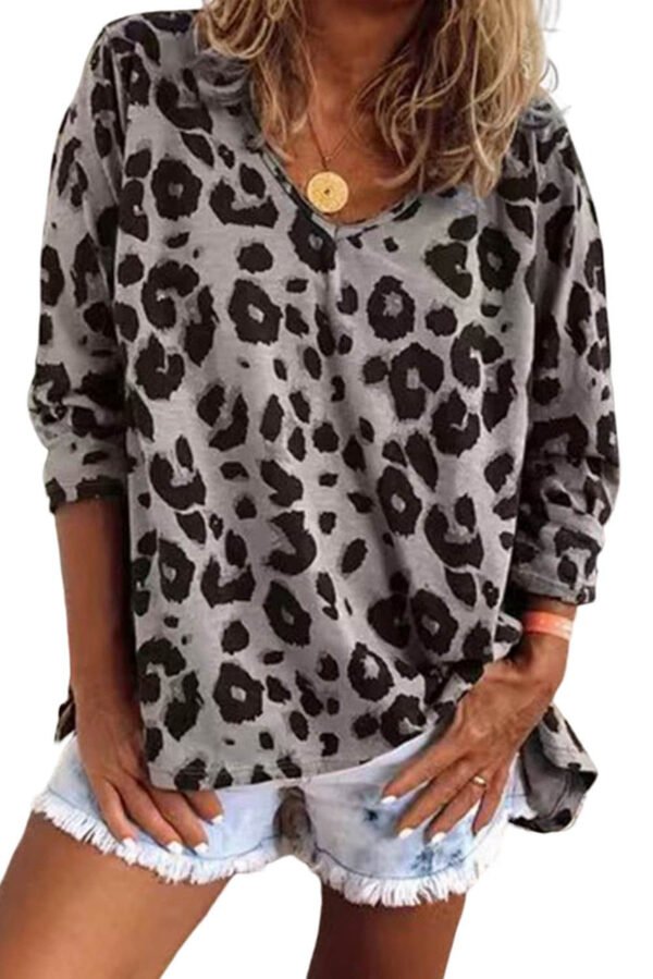 Gray Leopard Split Joint V Neck Long Sleeve Top