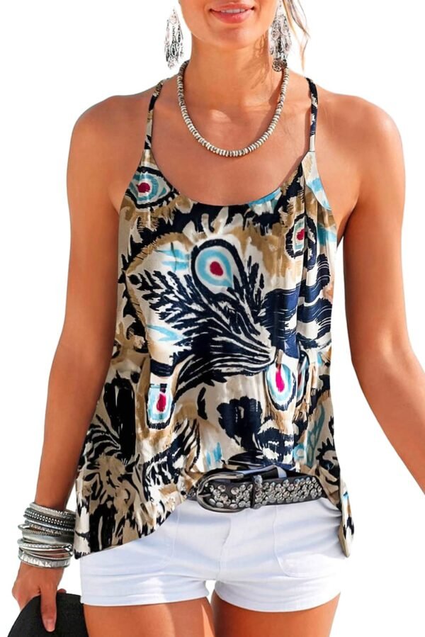 Beige Floral Spaghetti Straps Strappy Back Tank Top