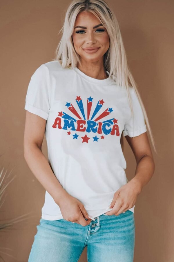 White AMERICA Star Graphic Round Neck Tee