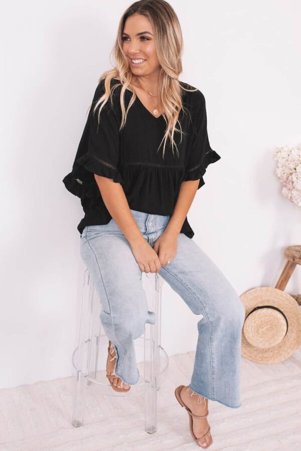 Black Ruffled Lace Detail Loose V Neck Top