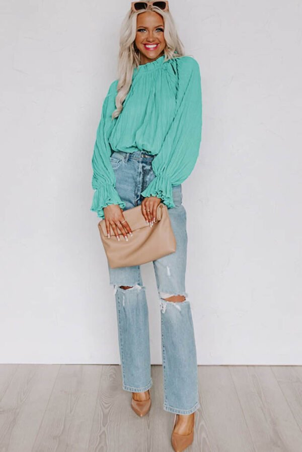 Green Striking Pleated Flared Cuff Long Sleeve Blouse