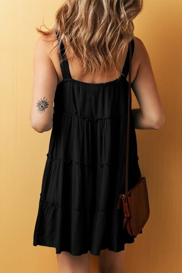 Black Button V Neck Frilly Tiered Sleeveless Dress