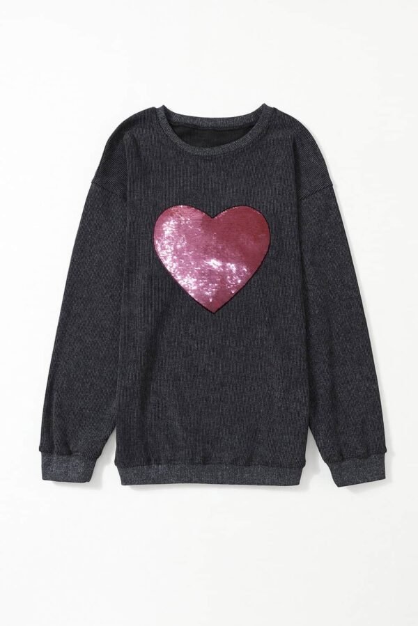 Black Sequin Heart Shaped Crewneck Corded Sweatshirt