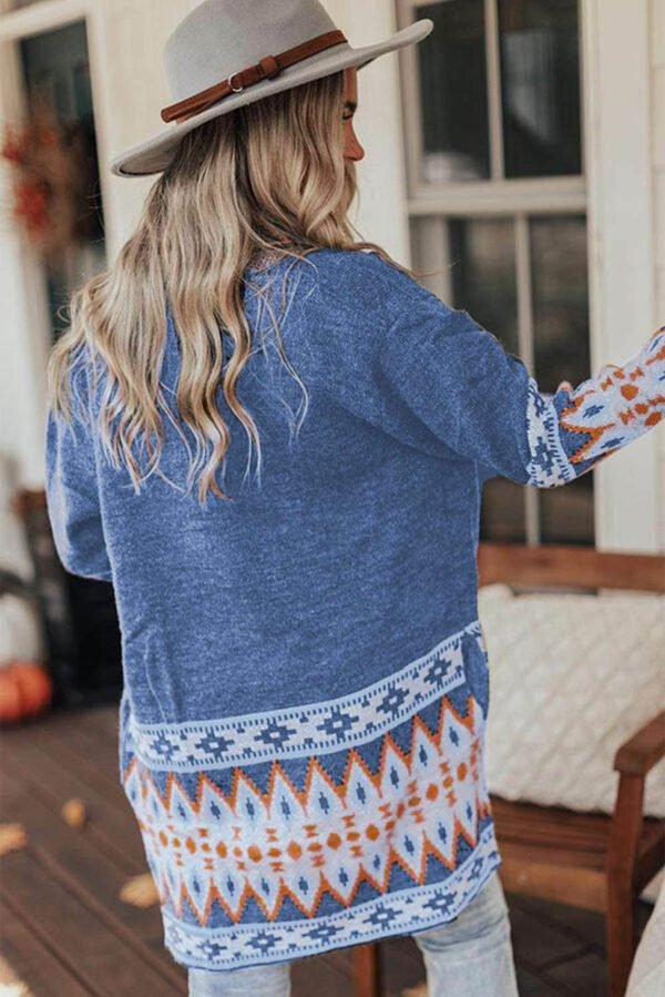 Blue Aztec Print Open Front Knitted Cardigan