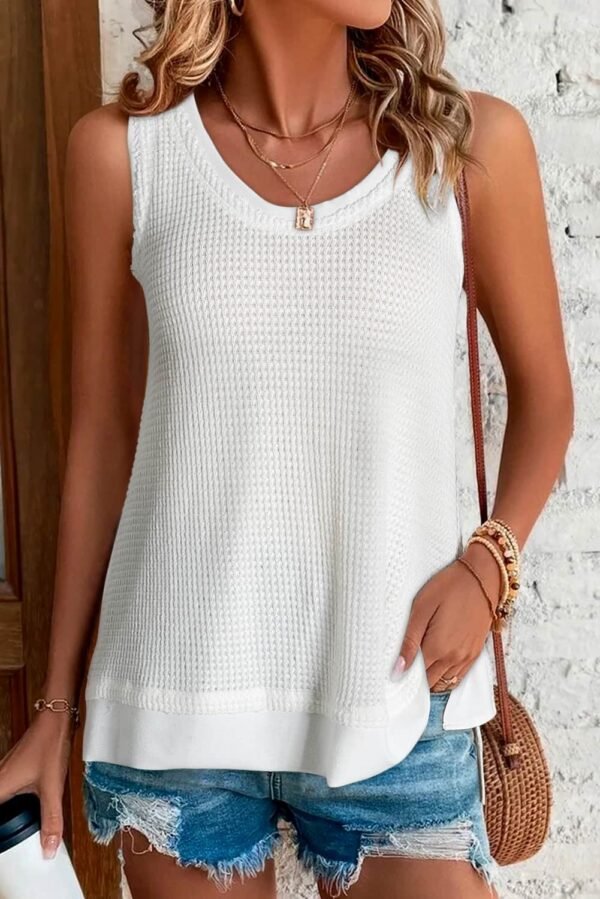 White Scoop Neck Waffle Knit Flowy Vest