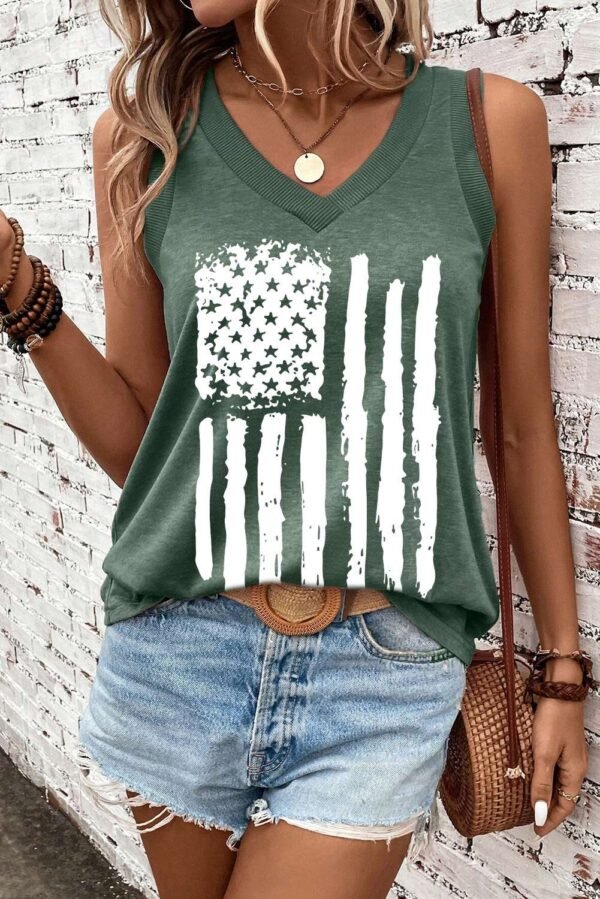 Mist Green Frayed American Flag Printed V Neck Tank Top