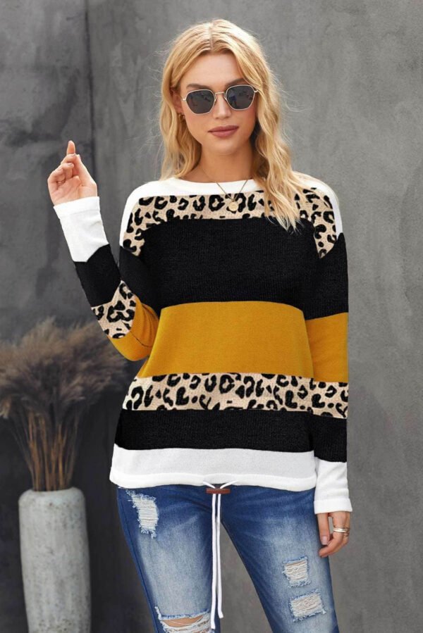 Orange Crewneck Leopard Color Block Knit Pullover Sweater