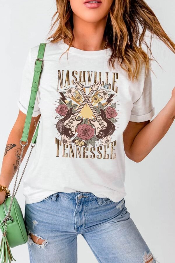 White Nashville Tennessee Guitar Rose Graphic Crewneck Tee