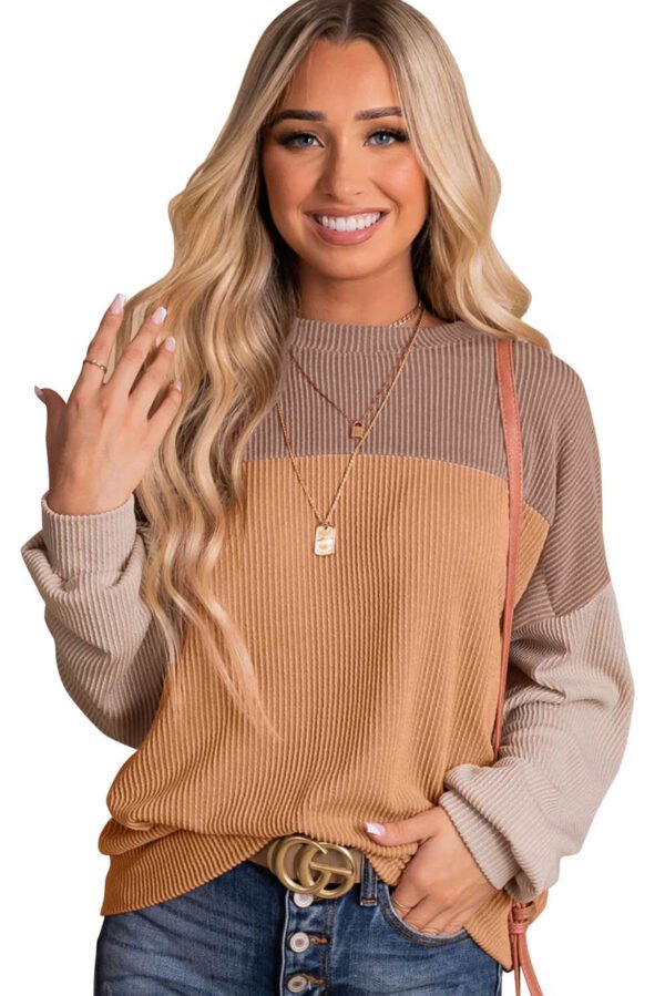 Khaki Color Block Long Sleeve Ribbed Loose Top