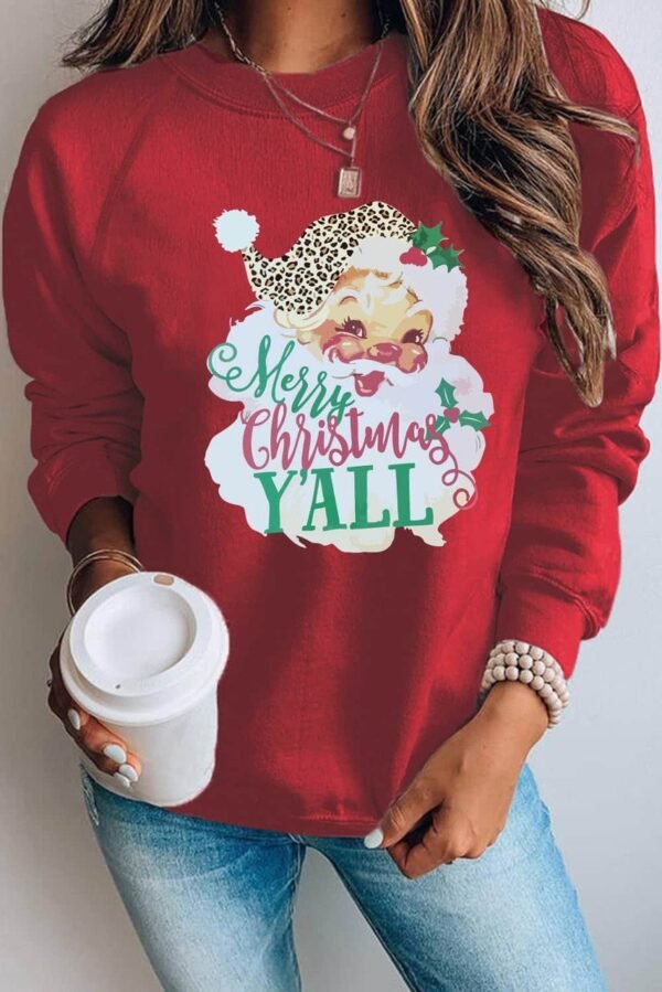 Red Merry Christmas Y’all Santa Claus Print Pullover Sweatshirt