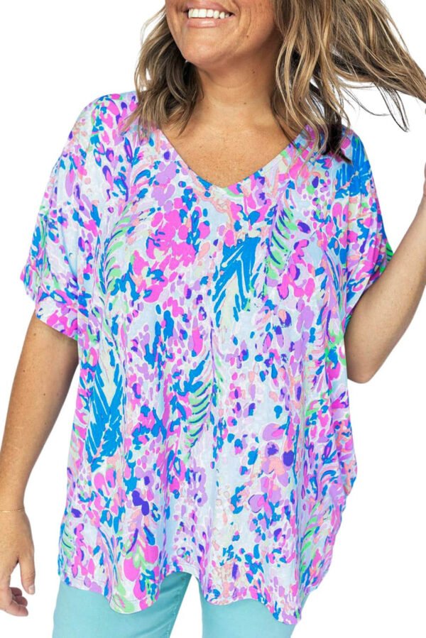 Sky Blue Plus Size Plant Print V Neck T-shirt