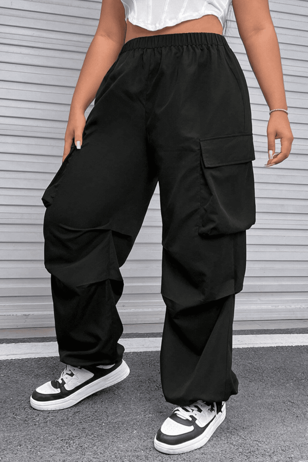 Black Plus Size Flap Pocket Elastic Waist Cargo Pants