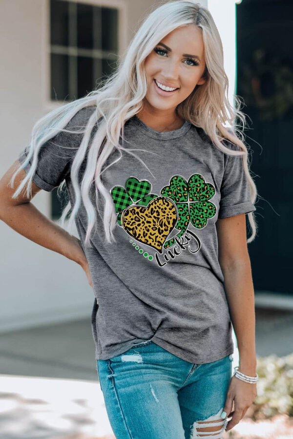 Gray Leopard Plaid Heart Clover Graphic Print Short Sleeve T Shirt