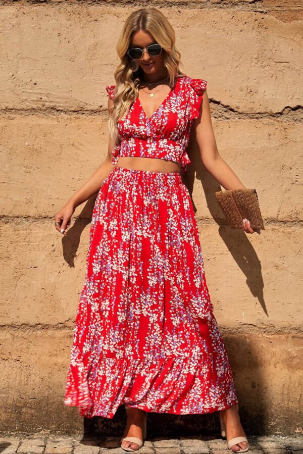 Red Multicolor Floral Ruffled Crop Top and Maxi Skirt Set