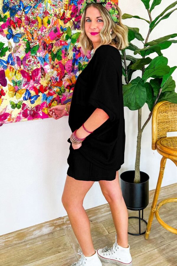 Black Waffle Knit Oversize Tee and Shorts Set