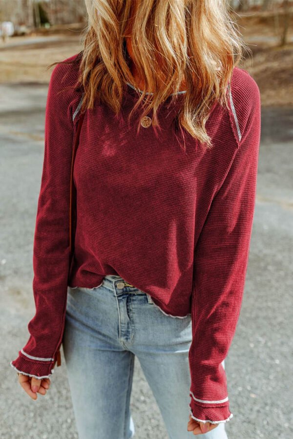 Red Textured Round Neck Long Sleeve Top