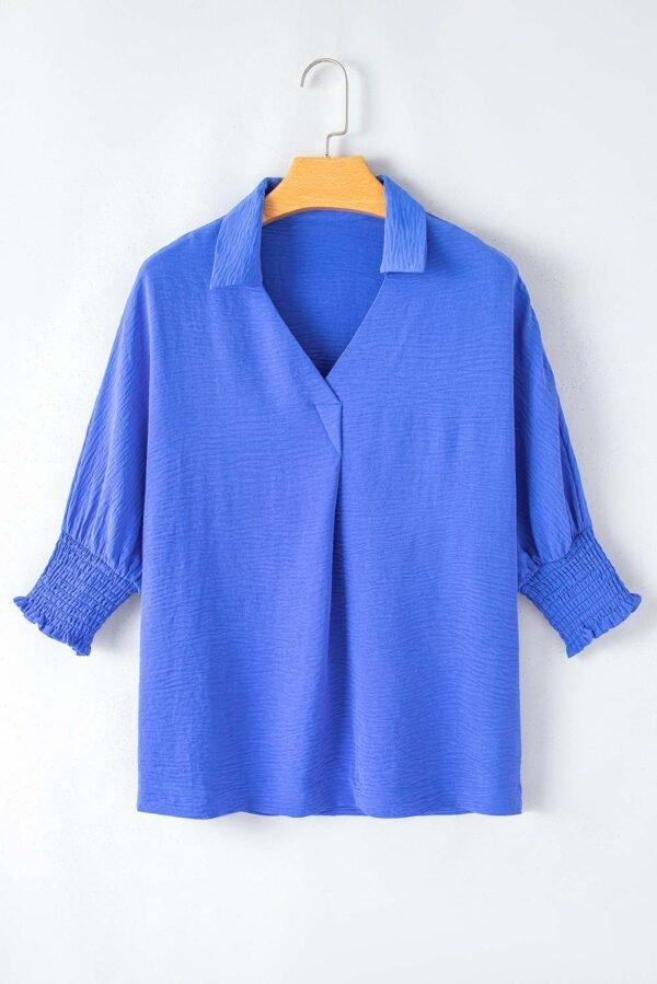 Dark Blue Boxy Collared Smocked Sleeve Cuffs Blouse