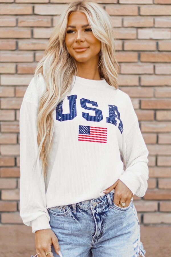 White USA Flag Corded Graphic Sweatshirt