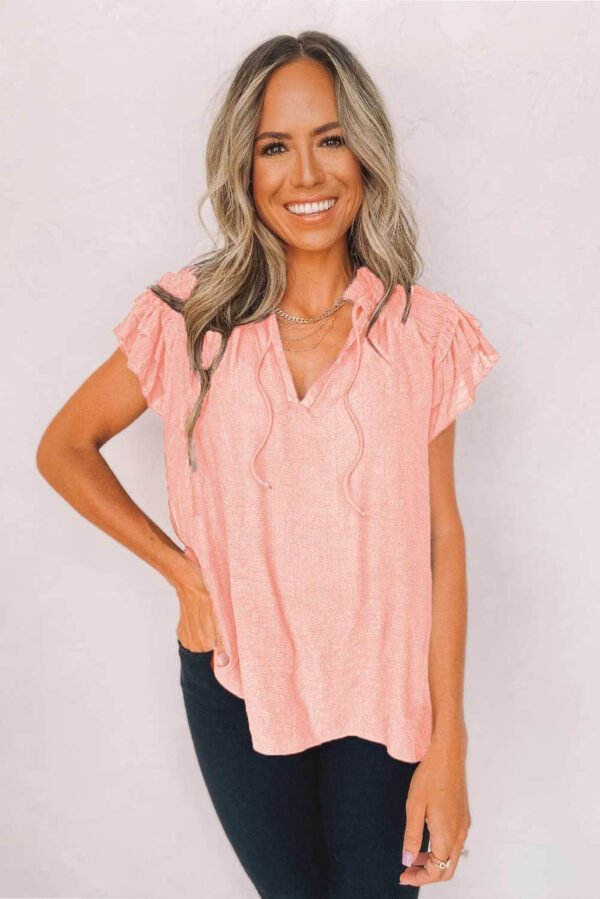 Pink Tiered Ruffled Drawstring V Neck Top