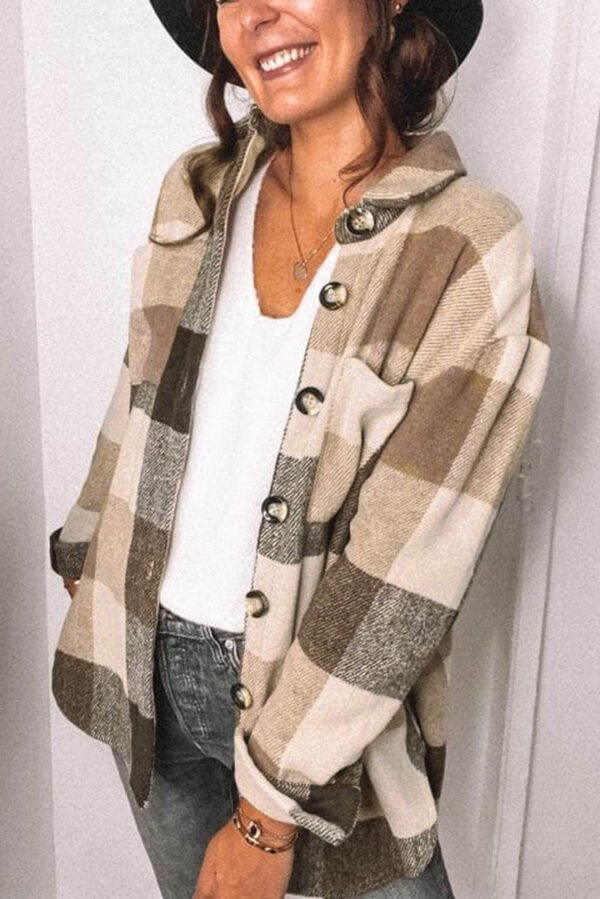 Khaki Plaid Color Block Buttoned Long Sleeve Jacket with Pocket