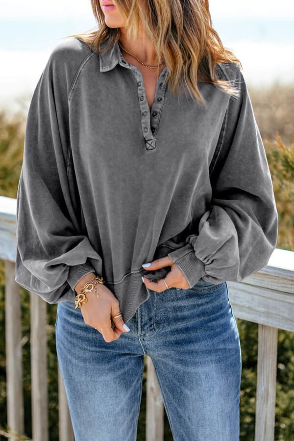 Gray Washed Snap Buttons Lantern Sleeve Pullover Sweatshirt