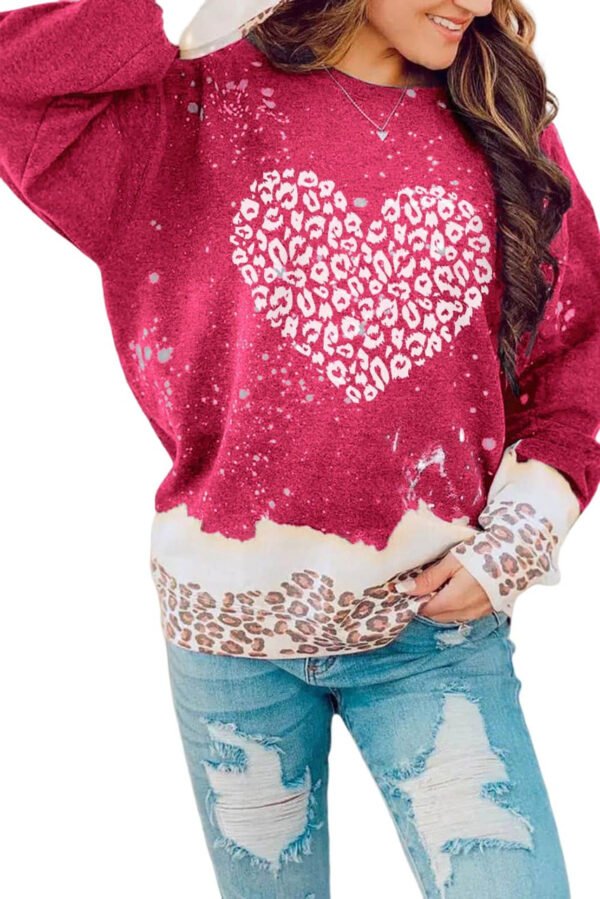 Red Leopard Bleached Heart Graphic Pullover Sweatshirt