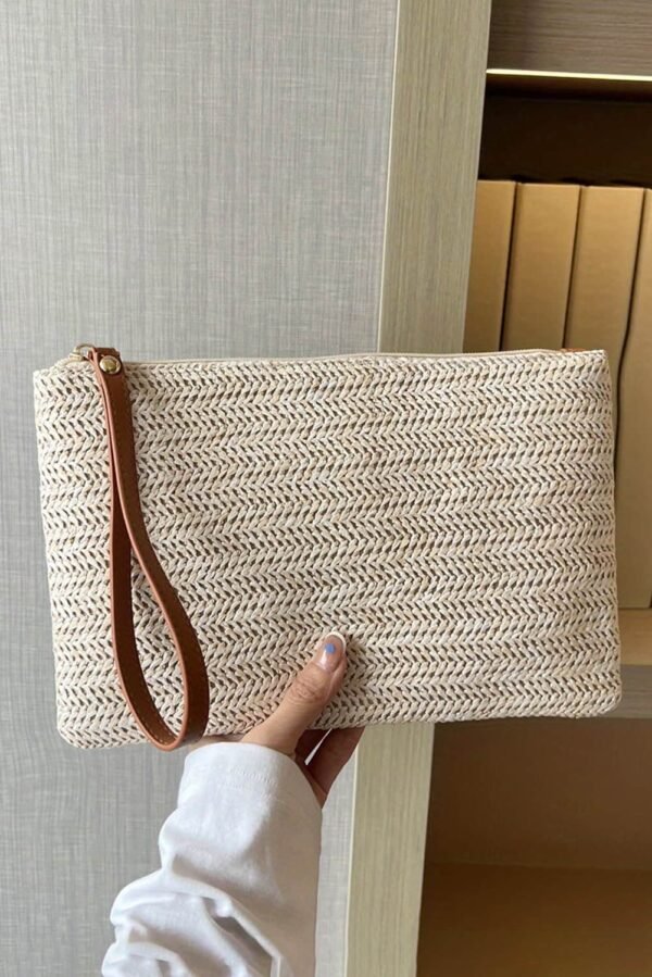 Oatmeal Straw Woven Wrist Strap Zipper Large Wallet