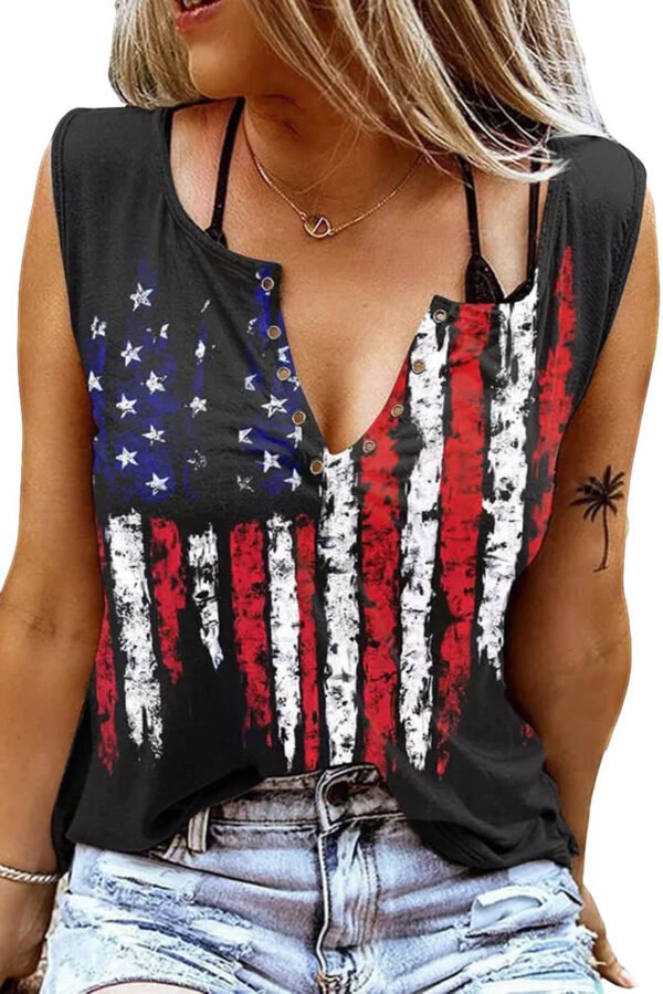 Black American Flag Printed Notched V-Neck Tank Top